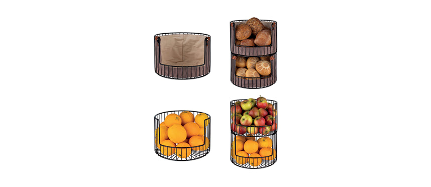 cesta pane/frutta impilabile metallo nero con fodera in cotone marrone ø cm 27,5 h 18,5 - cestino buffet per presentare pane, prodotti da forno, frutta e piccole preparazioni