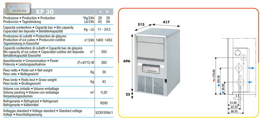 Fabbricatore di ghiaccio a cubetti kp30w