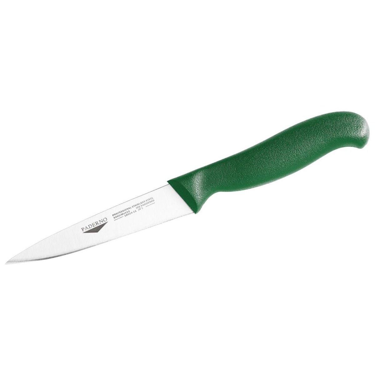 Coltello spelucchino 11 cm stampato manico verde Paderno - 18024G11